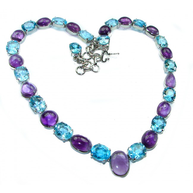 Allure Natural Amethyst Swiss Blue Topaz .925 Sterling Silver handcrafted Statement necklace