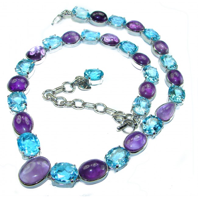 Allure Natural Amethyst Swiss Blue Topaz .925 Sterling Silver handcrafted Statement necklace