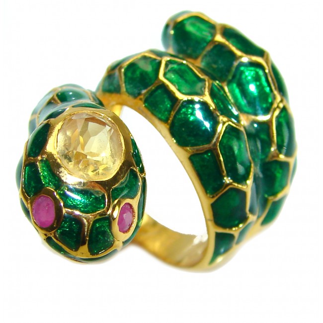 Boa Snake - symbolizes supernatural power- green Enamel Citrine 18K Gold over .925 Sterling Silver Huge handcrafted Ring s. 7 3/4