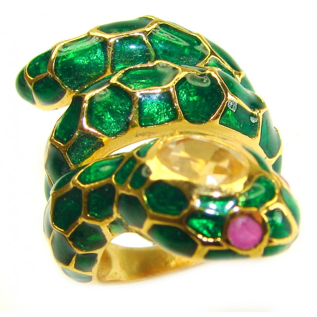 Boa Snake - symbolizes supernatural power- green Enamel Citrine 18K Gold over .925 Sterling Silver Huge handcrafted Ring s. 7 3/4