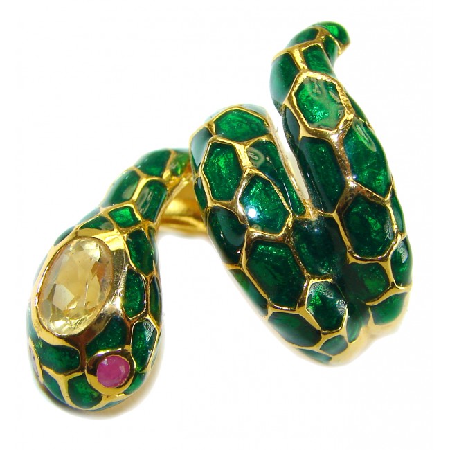 Boa Snake - symbolizes supernatural power- green Enamel Citrine 18K Gold over .925 Sterling Silver Huge handcrafted Ring s. 7 3/4