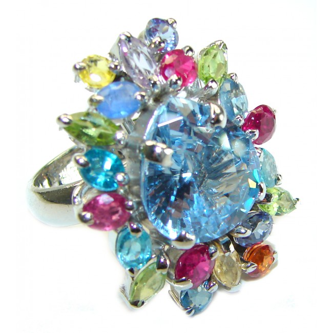 Electric Blue 10.5 carat Blue Swiss Topaz .925 Sterling Silver handcrafted Ring size 7 1/4