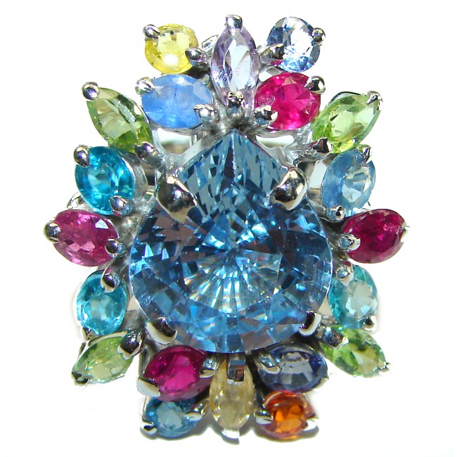 Electric Blue 10.5 carat Blue Swiss Topaz .925 Sterling Silver handcrafted Ring size 7 1/4