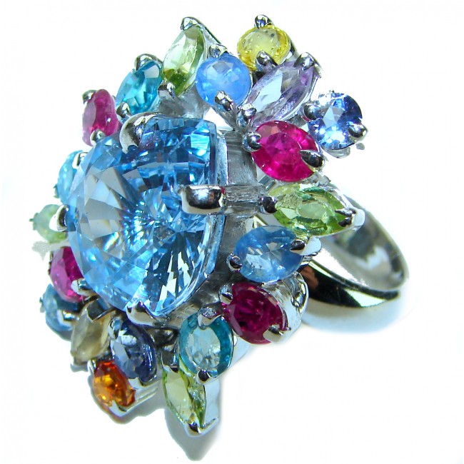 Electric Blue 10.5 carat Blue Swiss Topaz .925 Sterling Silver handcrafted Ring size 7 1/4