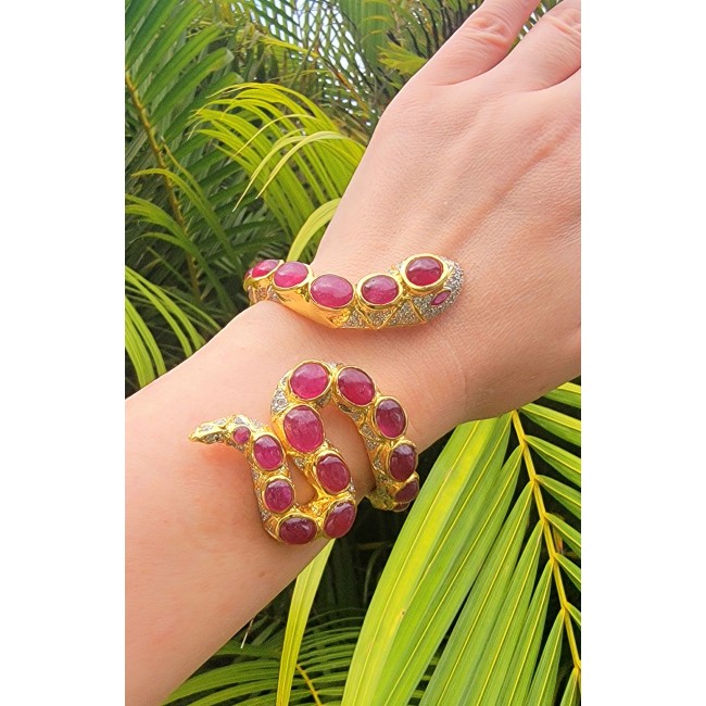 Huge Snake Genuine Kashmir Ruby 18K Gold over .925 Sterling Silver handcrafted Bracelet