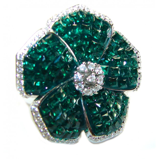 Fancy Flower Authentic Emerald .925 Sterling Silver handmade Statement Ring size 6