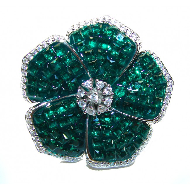 Fancy Flower Authentic Emerald .925 Sterling Silver handmade Statement Ring size 6