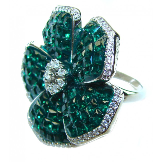 Fancy Flower Authentic Emerald .925 Sterling Silver handmade Statement Ring size 6