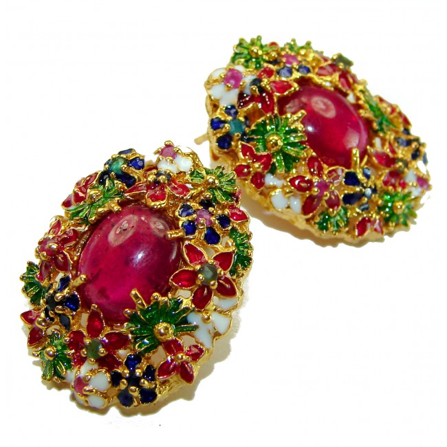 Enchanted Garden Mulicolor gems 18K Gold over .925 Sterling Silver handcrafted Statement earrings