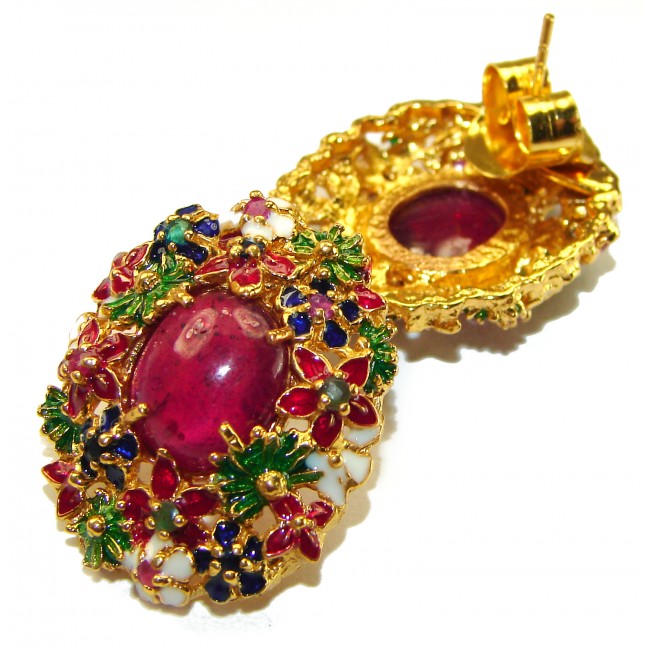 Enchanted Garden Mulicolor gems 18K Gold over .925 Sterling Silver handcrafted Statement earrings