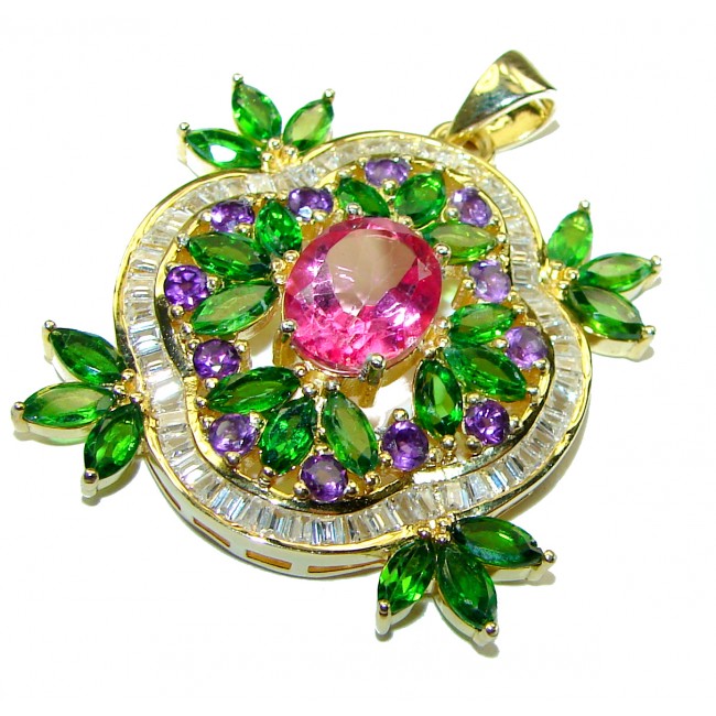 Authentic Pink Tourmaline Chrome Diopside 18K white Gold over .925 Sterling Silver Pendant