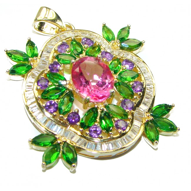 Authentic Pink Tourmaline Chrome Diopside 18K white Gold over .925 Sterling Silver Pendant