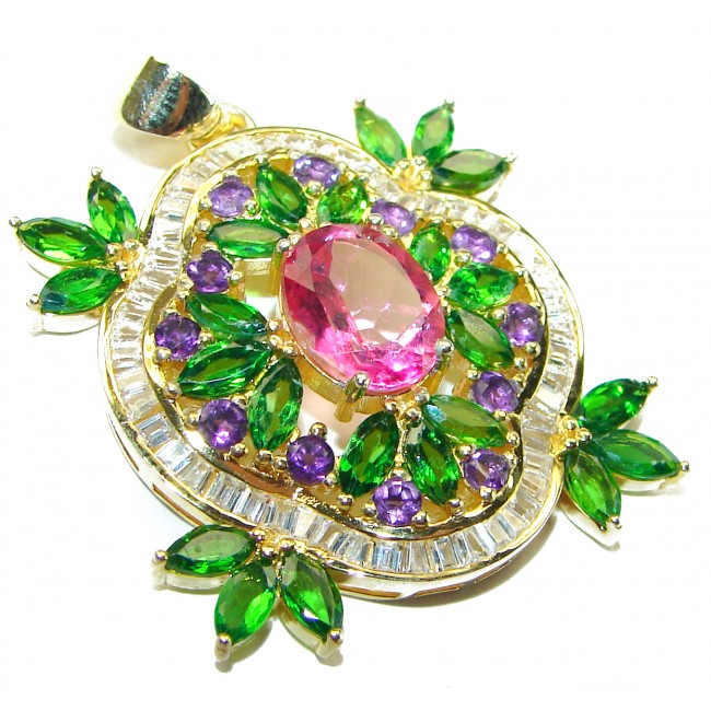 Authentic Pink Tourmaline Chrome Diopside 18K white Gold over .925 Sterling Silver Pendant