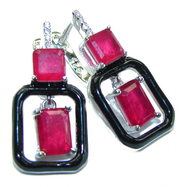 Art Deco Ruby black enamel .925 Sterling Silver handcrafted earrings