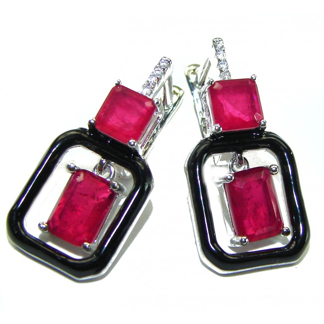 Art Deco Ruby black enamel .925 Sterling Silver handcrafted earrings