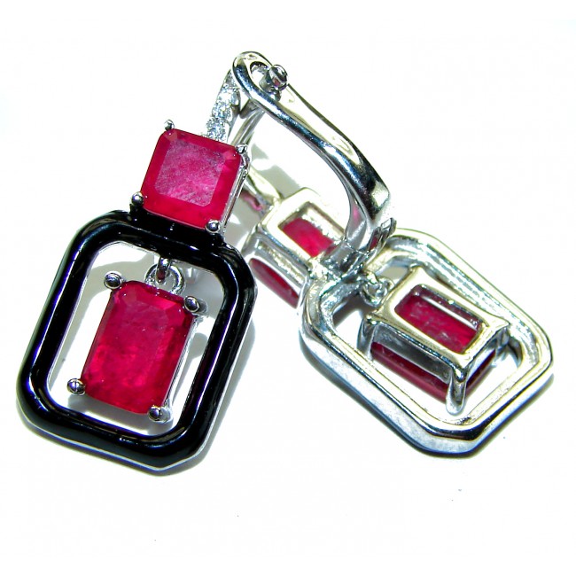 Art Deco Ruby black enamel .925 Sterling Silver handcrafted earrings