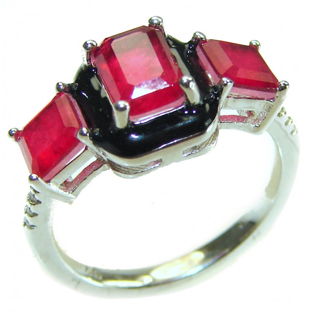 Art Deco Ruby black enamel .925 Sterling Silver handmade Ring size 6 1/4