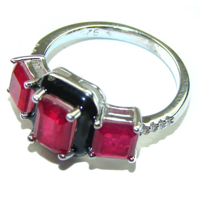 Art Deco Ruby black enamel .925 Sterling Silver handmade Ring size 6 1/4