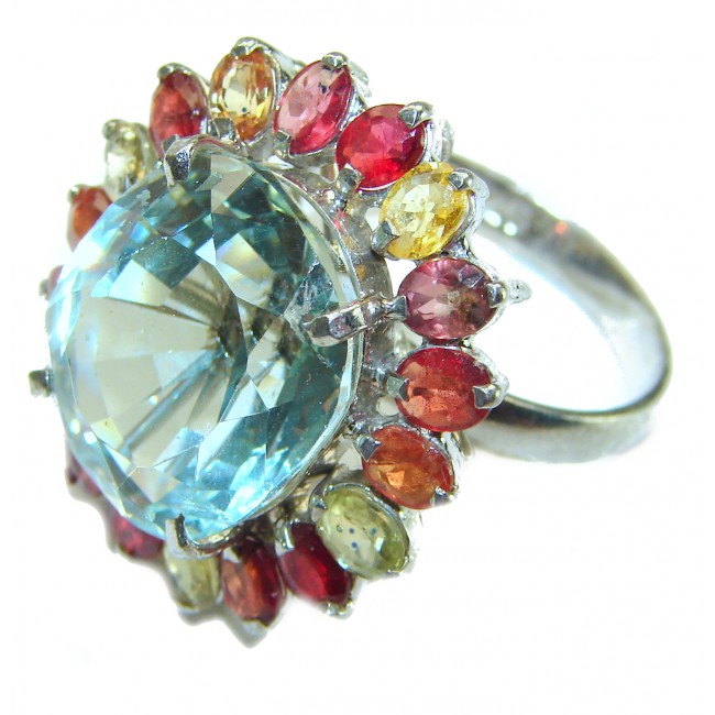 A Heritage in Bloom Aquamarine .925 Sterling Silver handmade Large Statement Ring size 8 3/4