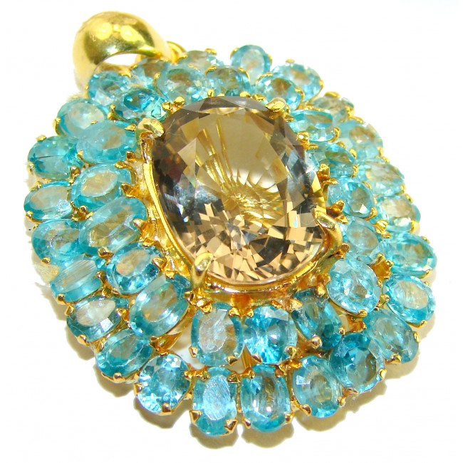 Luxury genuine 44.5 CARAT Champagne Topaz Aquamarine 14K Gold over .925 Sterling Silver handmade Pendant