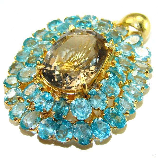 Luxury genuine 44.5 CARAT Champagne Topaz Aquamarine 14K Gold over .925 Sterling Silver handmade Pendant