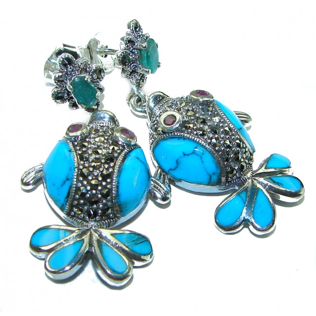 One of a kind Precious Fishes natural Turquoise .925 Sterling Silver handcrafted Earrings