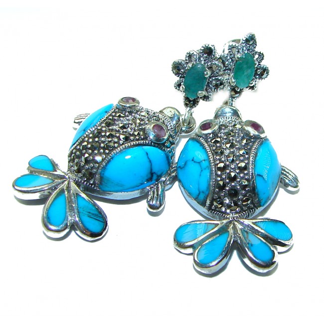 One of a kind Precious Fishes natural Turquoise .925 Sterling Silver handcrafted Earrings