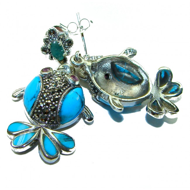 One of a kind Precious Fishes natural Turquoise .925 Sterling Silver handcrafted Earrings