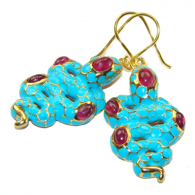 Blue Snakes Ruby turquoise Enamel 18K Gold over .925 Sterling Silver handcrafted earrings