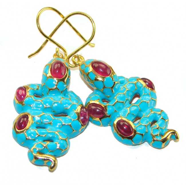 Blue Snakes Ruby turquoise Enamel 18K Gold over .925 Sterling Silver handcrafted earrings