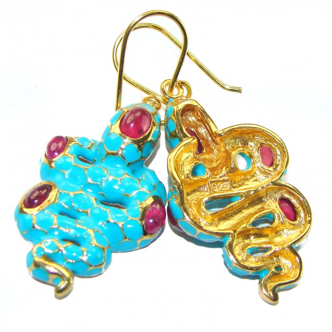 Blue Snakes Ruby turquoise Enamel 18K Gold over .925 Sterling Silver handcrafted earrings