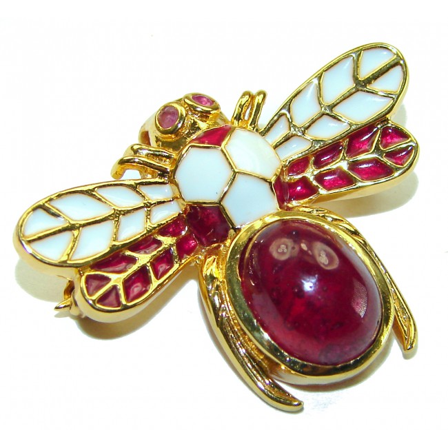 Red Bee genuine Ruby Enamel 18K Gold over .925 Sterling Silver handmade Pendant - Brooch