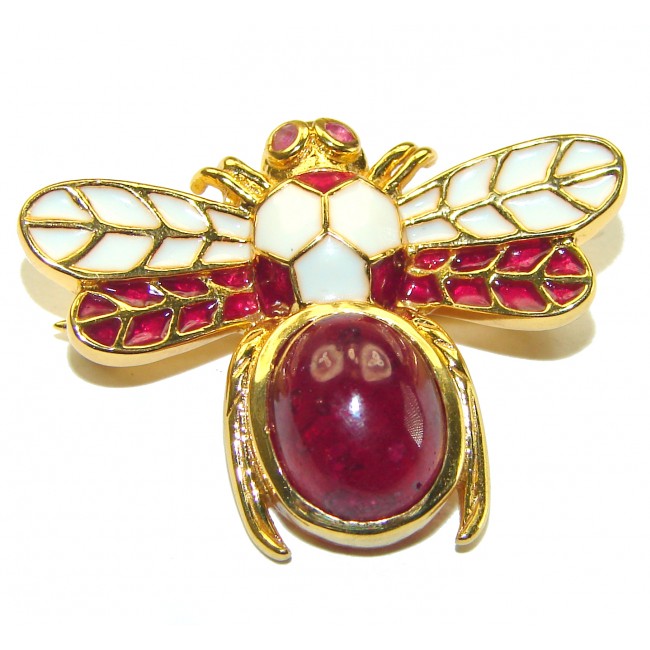 Red Bee genuine Ruby Enamel 18K Gold over .925 Sterling Silver handmade Pendant - Brooch