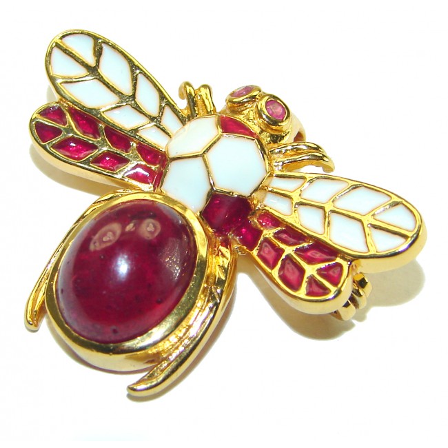 Red Bee genuine Ruby Enamel 18K Gold over .925 Sterling Silver handmade Pendant - Brooch