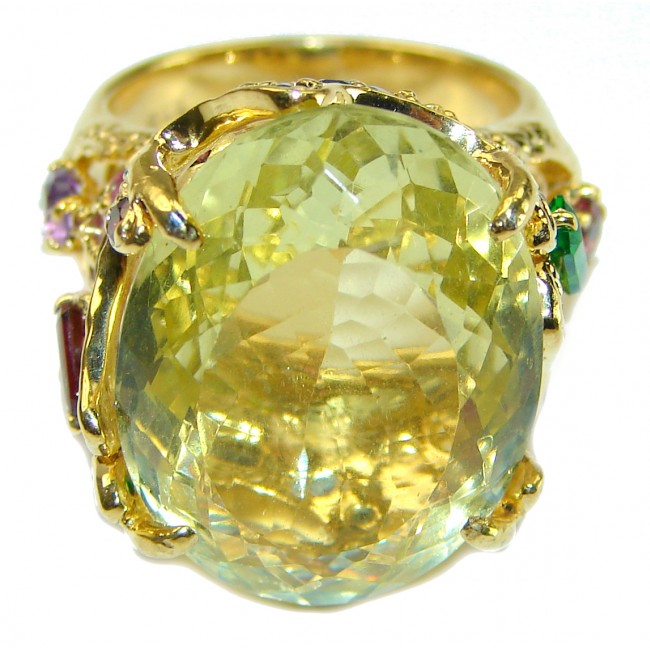 29.8 carat Genuine Lemon Quartz 14K Gold over .925 Sterling Silver handcrafted ring size 8