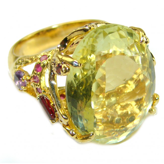 29.8 carat Genuine Lemon Quartz 14K Gold over .925 Sterling Silver handcrafted ring size 8