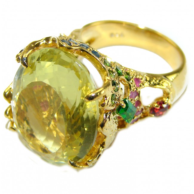 29.8 carat Genuine Lemon Quartz 14K Gold over .925 Sterling Silver handcrafted ring size 8