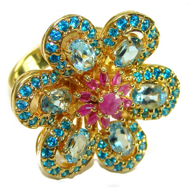 Authentic Ruby Swiss Blue Topaz 14K Gold over .925 Sterling Silver handcrafted Statement Large Cocktail Ring s. 8