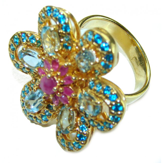 Authentic Ruby Swiss Blue Topaz 14K Gold over .925 Sterling Silver handcrafted Statement Large Cocktail Ring s. 8