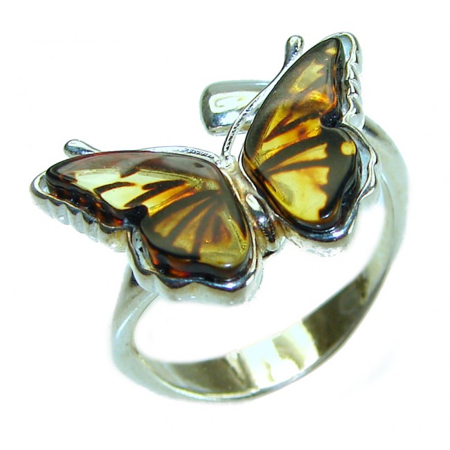 Butterfly Authentic Baltic Amber .925 Sterling Silver handcrafted ring; s. 7 adjustable