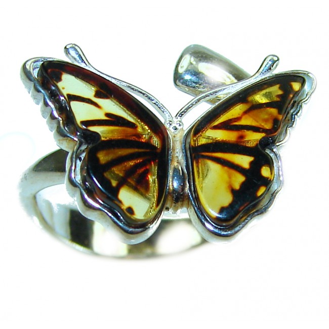 Butterfly Authentic Baltic Amber .925 Sterling Silver handcrafted ring; s. 7 adjustable