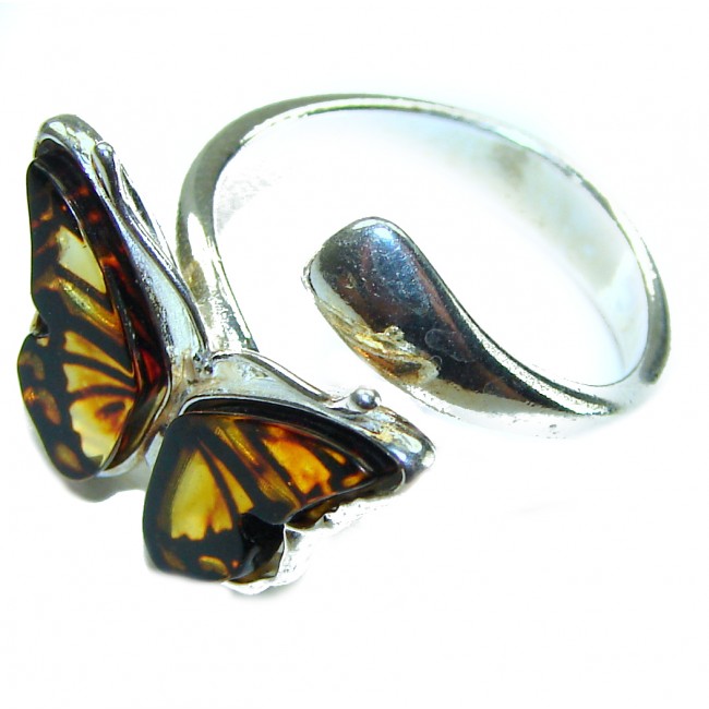 Butterfly Authentic Baltic Amber .925 Sterling Silver handcrafted ring; s. 7 adjustable