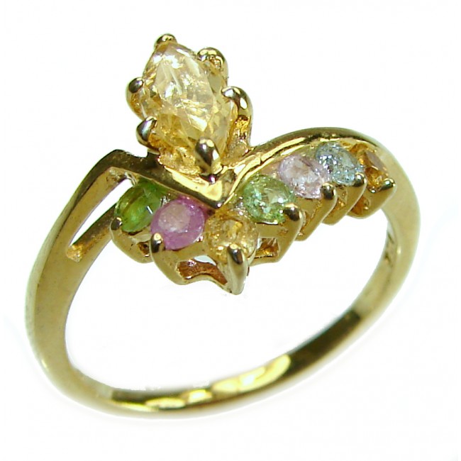 Authentic 3.2 carat yellow Sapphire Watermelon Tourmaline 14K Gold over .925 Sterling Silver handmade Cocktail Ring s. 8 1/4