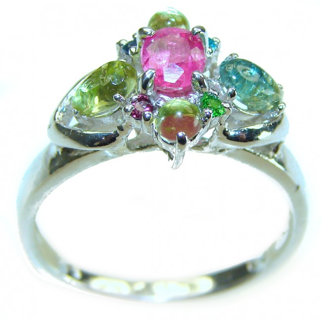 Authentic 1.3 carat Ruby Emerald .925 Sterling Silver handmade Cocktail Ring s. 8