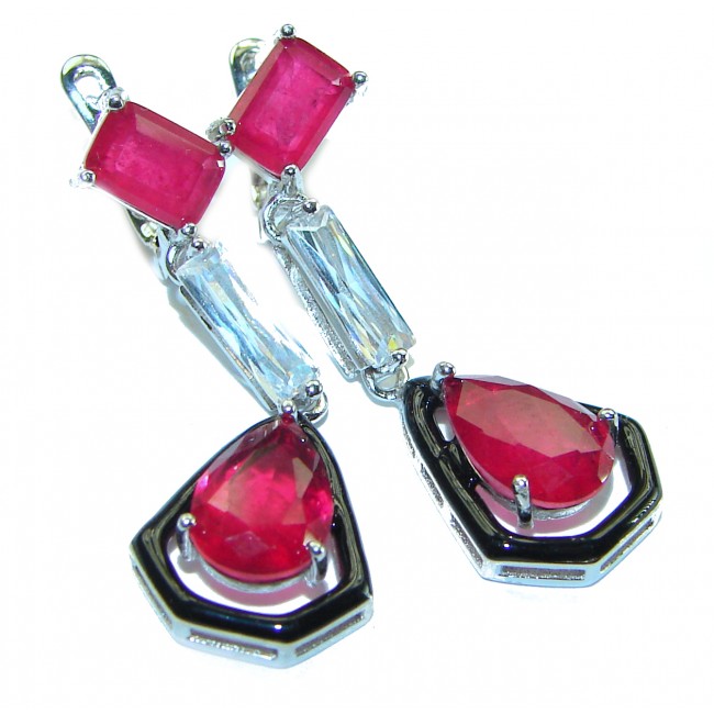 Art Deco Ruby black enamel .925 Sterling Silver handcrafted earrings