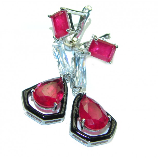 Art Deco Ruby black enamel .925 Sterling Silver handcrafted earrings