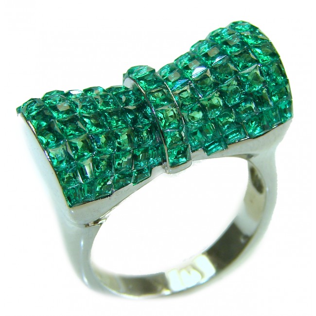 Luxurious green Ribbon Authentic Emerald .925 Sterling Silver handmade Statement Ring size 8 1/4