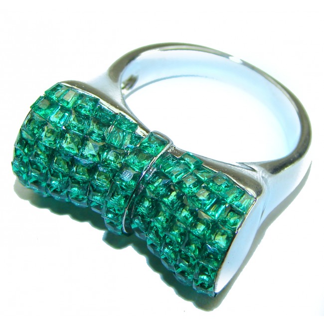 Luxurious green Ribbon Authentic Emerald .925 Sterling Silver handmade Statement Ring size 8 1/4