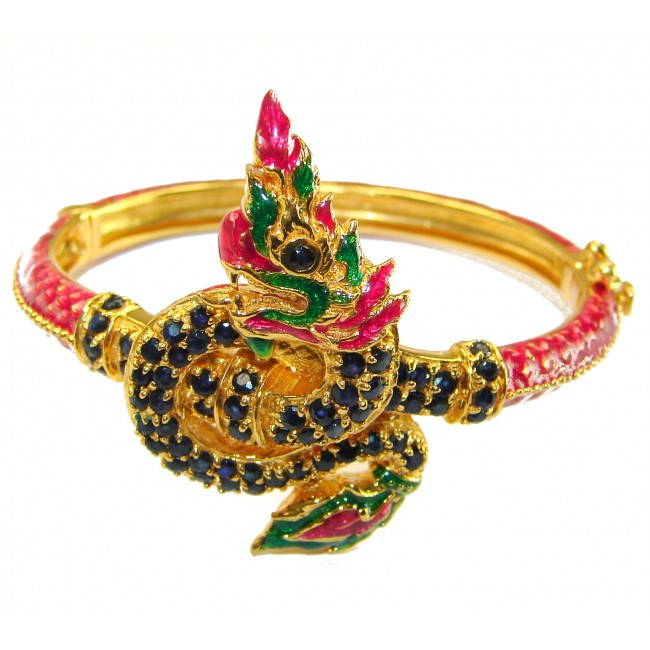 Truly Spectacular Dragon authentic 19.5 carat Ruby Enamel 14K Gold over .925 Sterling Silver handmade bangle Bracelet