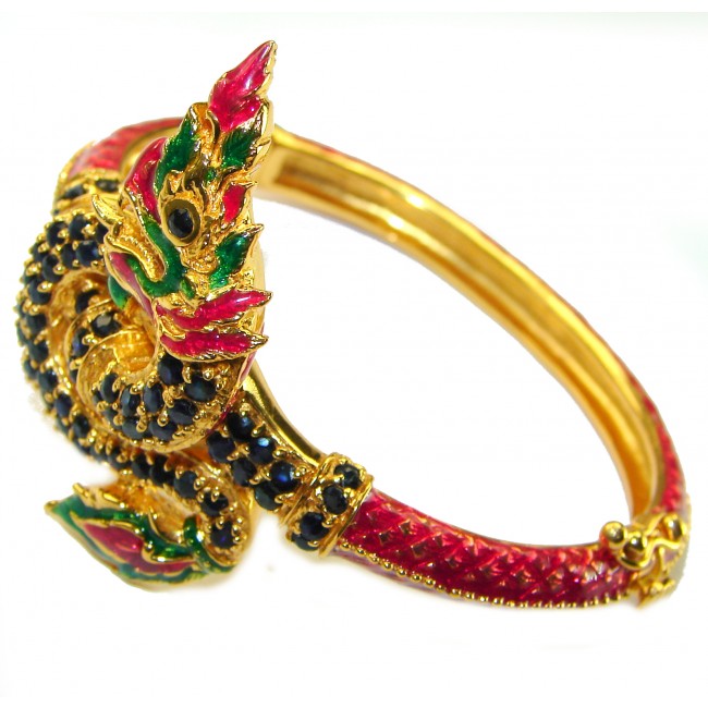 Truly Spectacular Dragon authentic 19.5 carat Ruby Enamel 14K Gold over .925 Sterling Silver handmade bangle Bracelet